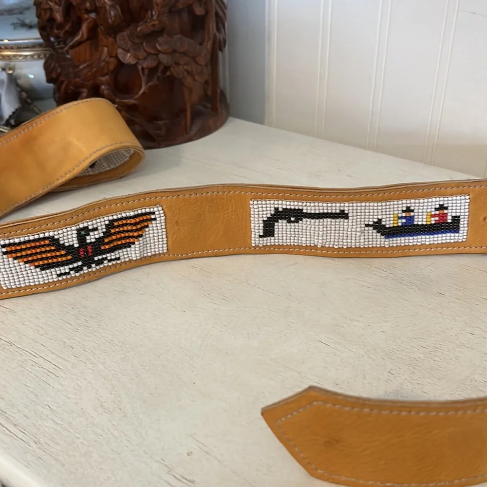 Vintage handmade glove tanned Native American leather beaded belt 42”
